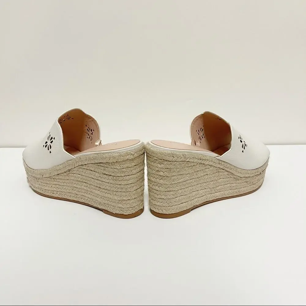 Kate Spade Tia Espadrille Wedge Sandals Size 6 Leather Slides Laser Cutout